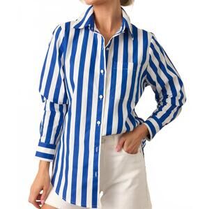 NEW PROSPERINA paula button front top in royal blue stripe